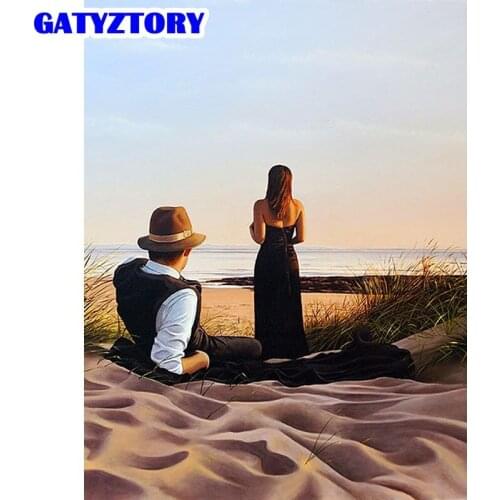 GATYZTORY Oil Painting Sandy Beach Couples Drawing On Canvas Handpainted Art Gift DIY Pictures By Number Sunset Kits Home Decor
