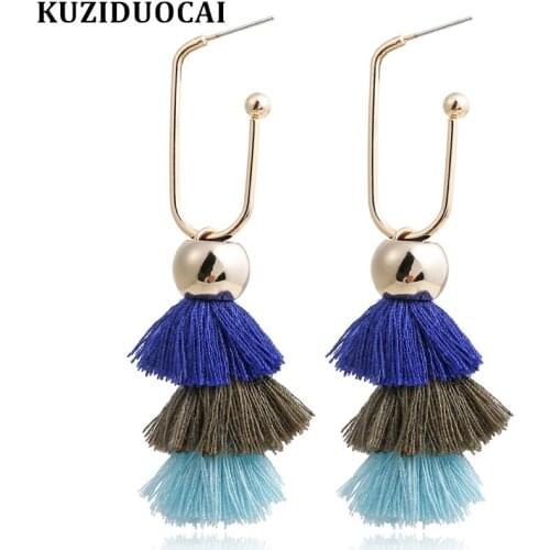 Kuziduocai New Fashion Jewelry Cotton Thread 3 Colors Laminated tassel Beaded Statement Drop Earrings For Women oorbellen E-1866