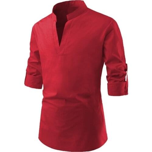 2021 New Mens Chinese Vintage Shirt Men V-Neck Long sleeve Shirt Solid Color Slim Fit Male Tops M-2XL