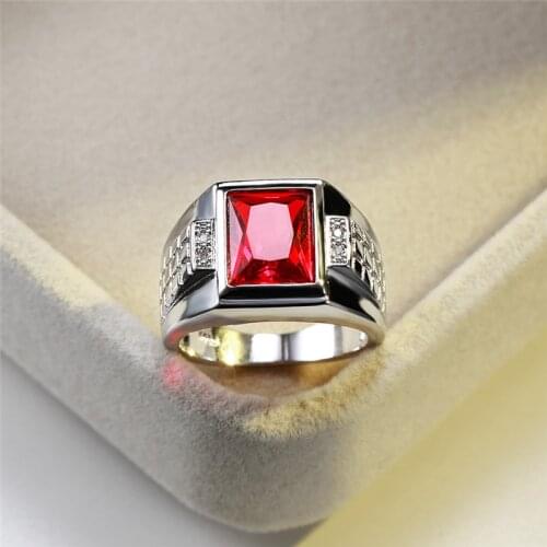 Big Red Zircon Geometric Rings For Men White Gold Filled CZ Stone Engagement Ring Male Vintage Fashion Wedding Jewelry Birthday