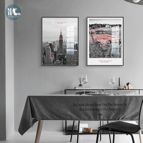 Nordic NEW YORK Black White building Wall Art Canvas Poster and Print Pink Car Canvas for Living Room Morden landscape Decor