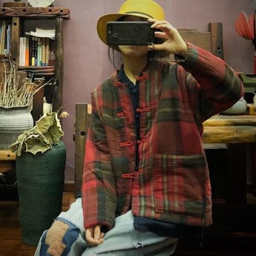 New Arrival Winter Women Loose Casual Long Sleeve O-neck Coat Plaid Print Single Breasted Cotton Big Pocket Patchwork Coats W655