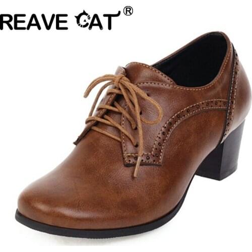 REAVE CAT 2021 Retro Ladies Oxfords Pumps Polka Dot Lace Up Vintnge Round Toe 5CM Chunky Heel Shoes US12 Green Red Brown A4391
