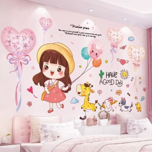[shijuekongjian] Cartoon Girl Animals Wall Sticker DIY Balloons Quotes Mural Decals for Kids Rooms Baby Bedroom House Decoration