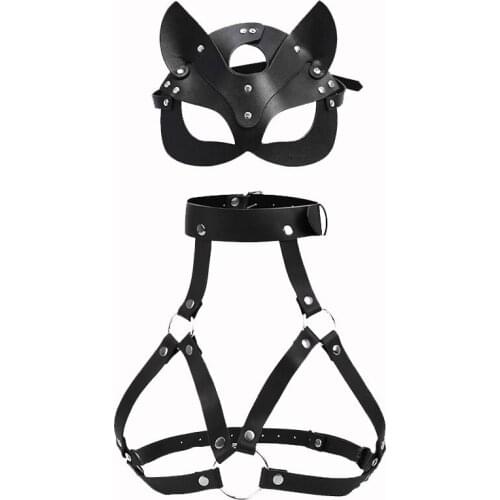 Sexy Bondage Leather Harness Women Goth Bra Chest Waist Straps Fashion Body Harness Belt With Mask Rave Wear Suspenders