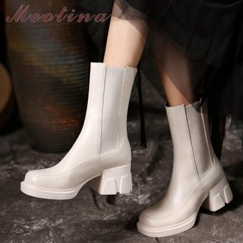 Meotina Genuine Leather Ankle Boots Shoes Women Platform Thick Heel Boots Round Toe High Heel Ladies Short Boots Autumn Winter