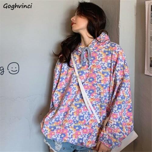 Hoodies Women Hooded Floral Printed Loose Harajuku Streetwear Colorful Sweet Lovely Soft High Quality Trendy Spring Female New