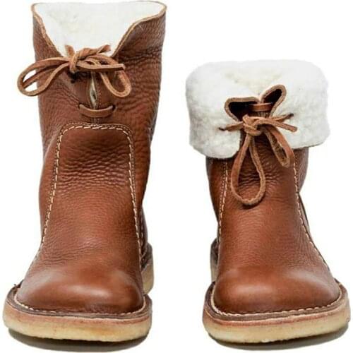 Shoes Lace-Up Flat Winter Casual Women Ladies Ankle PU Fleece Warm Ladies Leather Solid Flat Plus Size