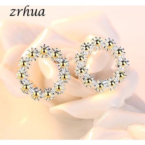 ZRHUA Hot Promotion Silver Color Trendy Flower Stud Earrings for Women Girls Elegant Shiny CZ Zircon Blossom Brincos