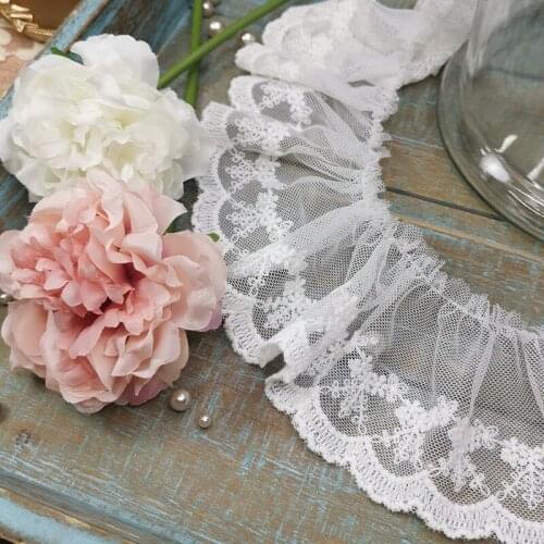 1Meter Pleated Lace Fabric off White Ruffle Pleated Trim Applique Collar Ribbon Sewing Guipure Crafts Mesh Laces Dress dentelle