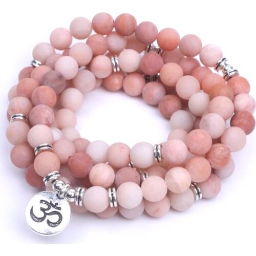 108 Pink Natural Stone Frosted Mala Bracelet Elasticity OM,Lotus, Buddha Charm Bracelet For Women Yoga Necklace Dropshipping