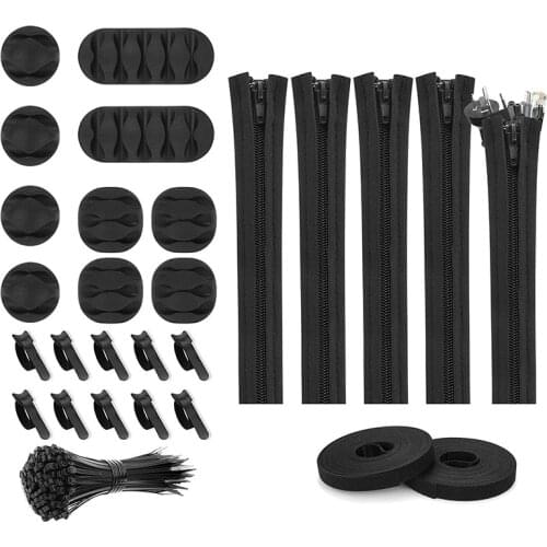127Pcs Cord Management Organizer Kit,Cable Sleeve with Zipper,Self Adhesive Cable Clip Holder,Roll Self Adhesive Tie,Etc