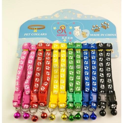 144 pcs/lot Cute Puppy Dogs Collar with Bells Paw Printed Nylon Cat Kitten Supply Collars Pet Neck Strap Free shipping