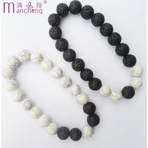 2PCS/ Lot Natural stone Black volcanic beads White turquoise couple Lovers bracelet for Women man strand lava bracelet jewelry