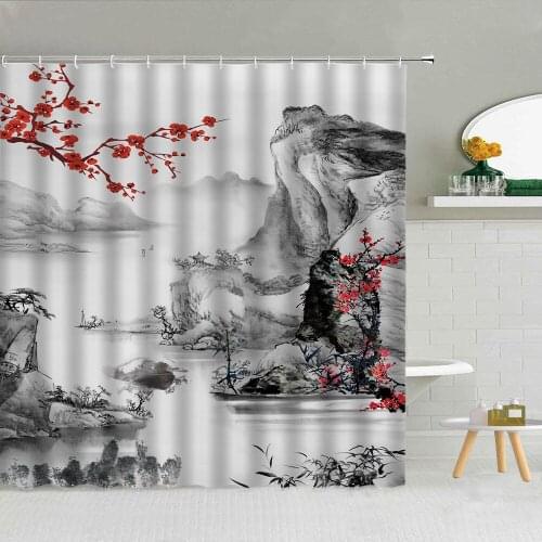 3D Chinese Style Ink Painting Shower Curtain Mountain Plum Blossom White Crane Bathroom Fabric Supplies With Hook Cloth Curtains
