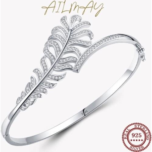 Ailmay Genuine 925 Sterling Silver Exquisite Luxury Clear Feather Bracelets for Women Wedding Band Engagement Statement Jewelry