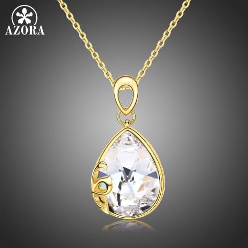 AZORA Women Fashion Long Chain Pendant Necklaces Pear Cut Clear Austrian Crystals Stone Wedding Jewelry for Female Girls TN0241