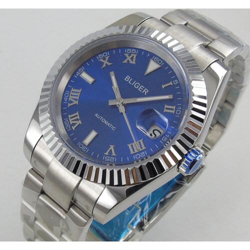 BLIGER Roman Numbers 36mm Automatic Men Watch Date Just Fluted Bezel MIYOTA 8215 Brushed Strap Sapphire Crystal Screw Crown