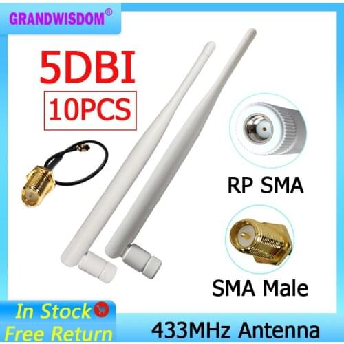 10PCS 433Mhz lora Antenna 5dbi GSM 433 mhz RP-SMA Connector Rubber Lorawan antenna+ IPX to SMA Male Extension Cord Pigtail Cable