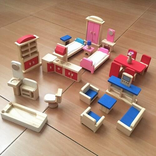 Simulation Kids Wood Dollhouse Furniture Bathroom Bedroom Kitchen Doll Decoration Pretend Play Toy Age 3