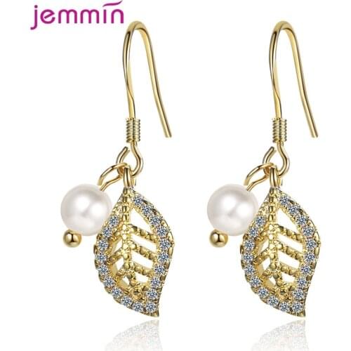 Beautiful Golden Leaf Zircon Pearl 925 Sterling Silver Drop Earrings Women Korean Trend Simple Piercing Ear Jewelry