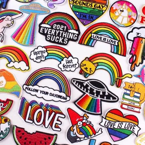 Cartoon Rainbow Applique Patches for Kids clothing Thermoadhesive Patches Iron On LGBT Letter Embroidered Patches On Clothes DIY