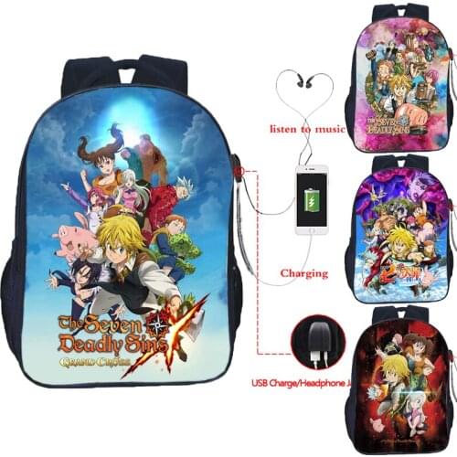 The Seven Deadly Sins USB Backpacks for Girls Boys Cartoon Anime Knapsacks Kids Rucksack Students School Bags Teenagers Mochilas