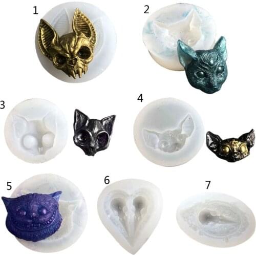 Epoxy Resin Cat Charms Silicone Molds Jewelry Casting Sphynx Cat 3 Eyes Kitty Horns Kitten Head Raven Crow Skull Mold