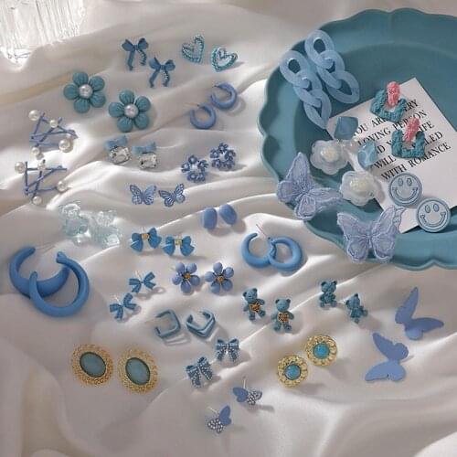 Blue Earrings Literary Small Fresh Haze Blue Flowers Geometric Sweet Jewelry Women Butterfly Bear Bow Gem Drop Ears