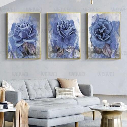 Modern Abstract Blue Peony Flower Canvas Painting Interior Poster and Print Wall Art Pictures for Bedroom Home Decor