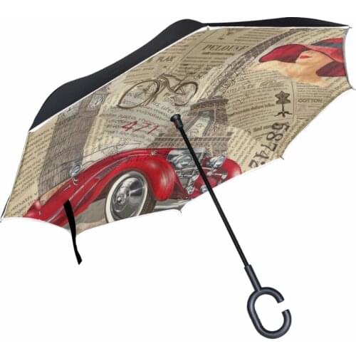 C-Hook Windproof Eiffel Tower Reverse Umbrella Long Shank Inverted Double Layer Creative Self Stand Rain Protection Umbrella