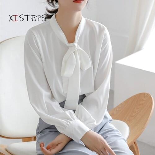 Bow Tie Pure White Chiffon Shirts Women 2021 Spring New Office Lady Work Wear Blouses Elegant OL Tops Thin Summer Clothes