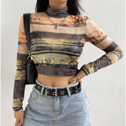 SEASONS Turtleneck Mesh Sexy Crop Top T Shirt Women Brown 2000s Aesthetic T-shirts Transparent Long Sleeve Tshirt 2021 ASTS83637