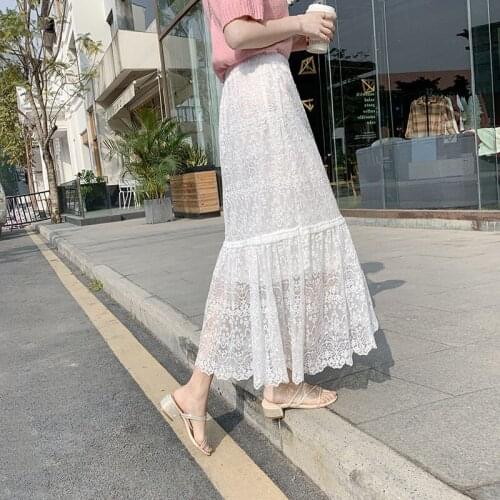 Women Skirt Summer Spring Autumn A-Line High Waist Lace White Black Elegant Pleated Skirt Evening Night Long Skirt mujer faldas