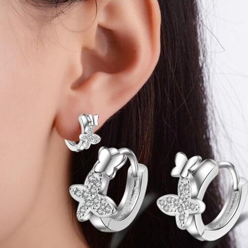 Prevent Allergy Silver Plated Zircon Butterfly Earrings For Women Girl Gift Silver Color pendientes oorbellen