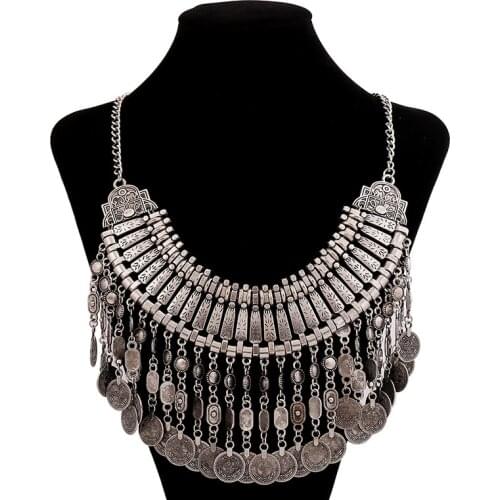 Boho Antique Coin Maxi Choker Necklace Women African Statement Long Tassel Vintage Big Necklaces Pendants Jewelry Gypsy Necklace