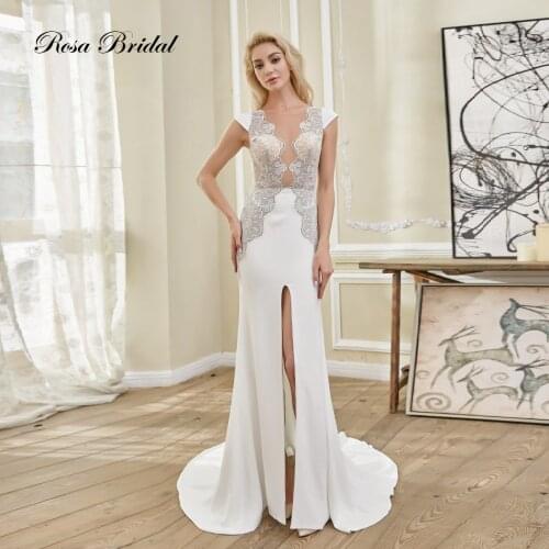 Rosabridal Mermaid wedding dress 2018 soft satin boat neck Cap Sleeves outside leg slit Appliques beading Trumpet bridal Gown