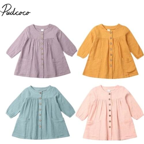 2019 Baby Spring Autumn Clothing Toddler Baby Girl Button Tutu Party Pageant Casual Dress Wedding Dress Solid Color Pocket Gown