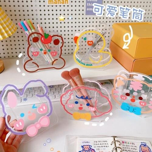 Kawaii Acrylic Pen Holder Desktop Organizer Cute Bear Bunny Office Stationery Cosmetics Storage Box Organizer