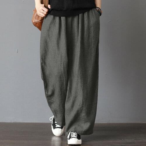 Mens Casual Loose Wide Leg Pants Solid Color Cotton Linen Elastic Waist Bloomers Trousers Harem Pants Beachwear