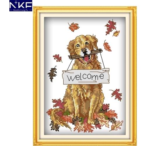 NKF Welcome Dog Cross Stitch Pattern DIY Handmade Craft Cross Stitch Set Embroidery Kit Animal Design Stitching Home Decor