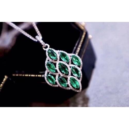 Natural green Emerald gem pendant S925 silver Natural gemstone Pendant Necklace trendy rhombus leaf Fan women gift jewelry