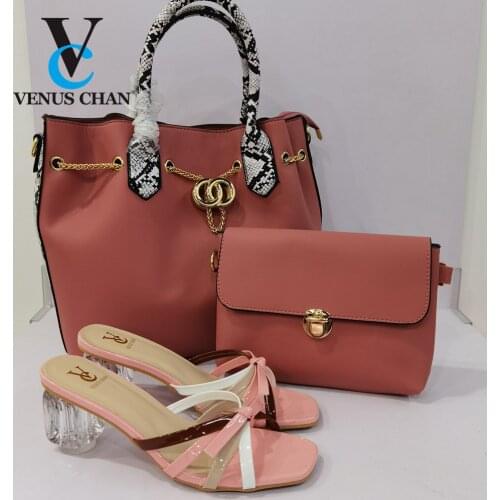 Newest Pretty Women 2021 Slingbacks Sandals Matching Handbag in Peach Color Comfortable Heesl for Garden Party