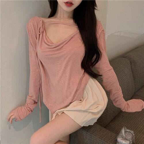 2021 Summer New Style V-neck T-shirt Womens Tie Pure Color Ice Silk Long-sleeve Thin Autumn Clothes Loose And Thin And Lazy