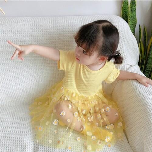 New Hot Sale Baby Toddler Girl Chrysanthemum Pattern Flower Net Yarn Romper Dress Pink Yellow Black 0-2 Years