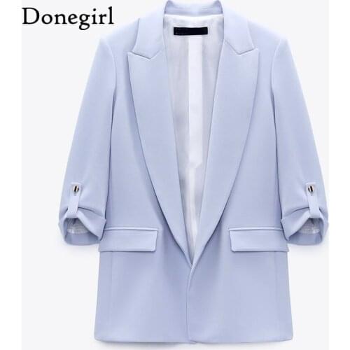 New Spring Autumn Women Fashion White Blue Blazers And Jackets Casual Solid Pockets Suit Coat Female Elegant Office Outwear