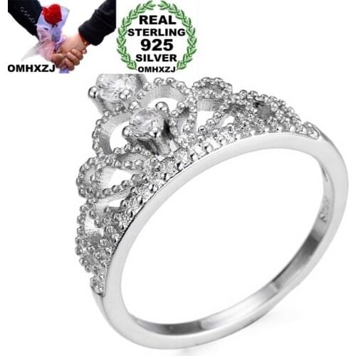 OMHXZJ Wholesale European Fashion Woman Girl Party Wedding Gift Silver White Crown AAA Zircon 925 Sterling Silver Ring RR191