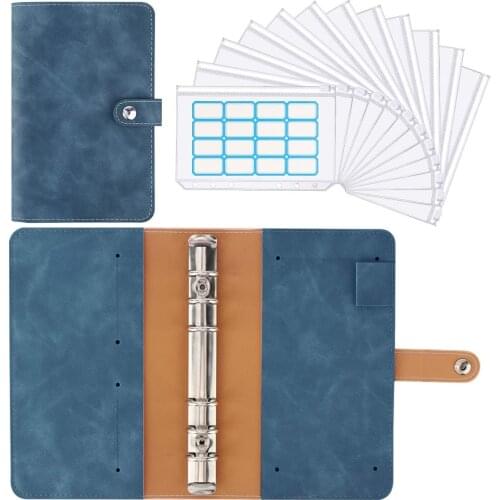 A6 PU Leather Binder Budget Planner Refillable 6 Round Rings Binder Cover Notebook Folder with 12 PCS Clear Plastic Envelopes