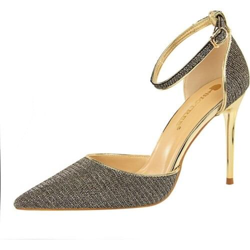 Sandals women 10CM metal Fine with High heel Shallow mouth Pointed Shiny Word Band Sexy Nightclub Thin Hollow women shoes