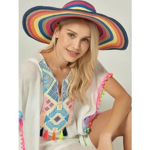 Multi Color Straw beach Hat 2021 summer modern stylish rainbow fashion sun hat for big 57cm